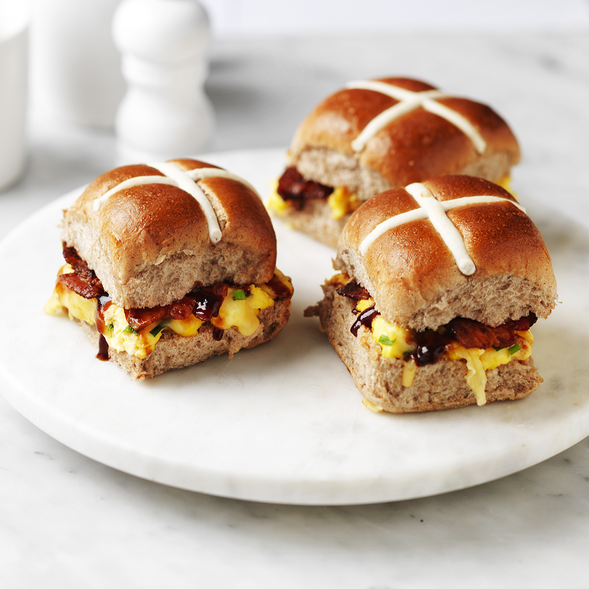 The Ultimate Egg, Bacon and Cheese Hot Cross Buns Bakers Delight New